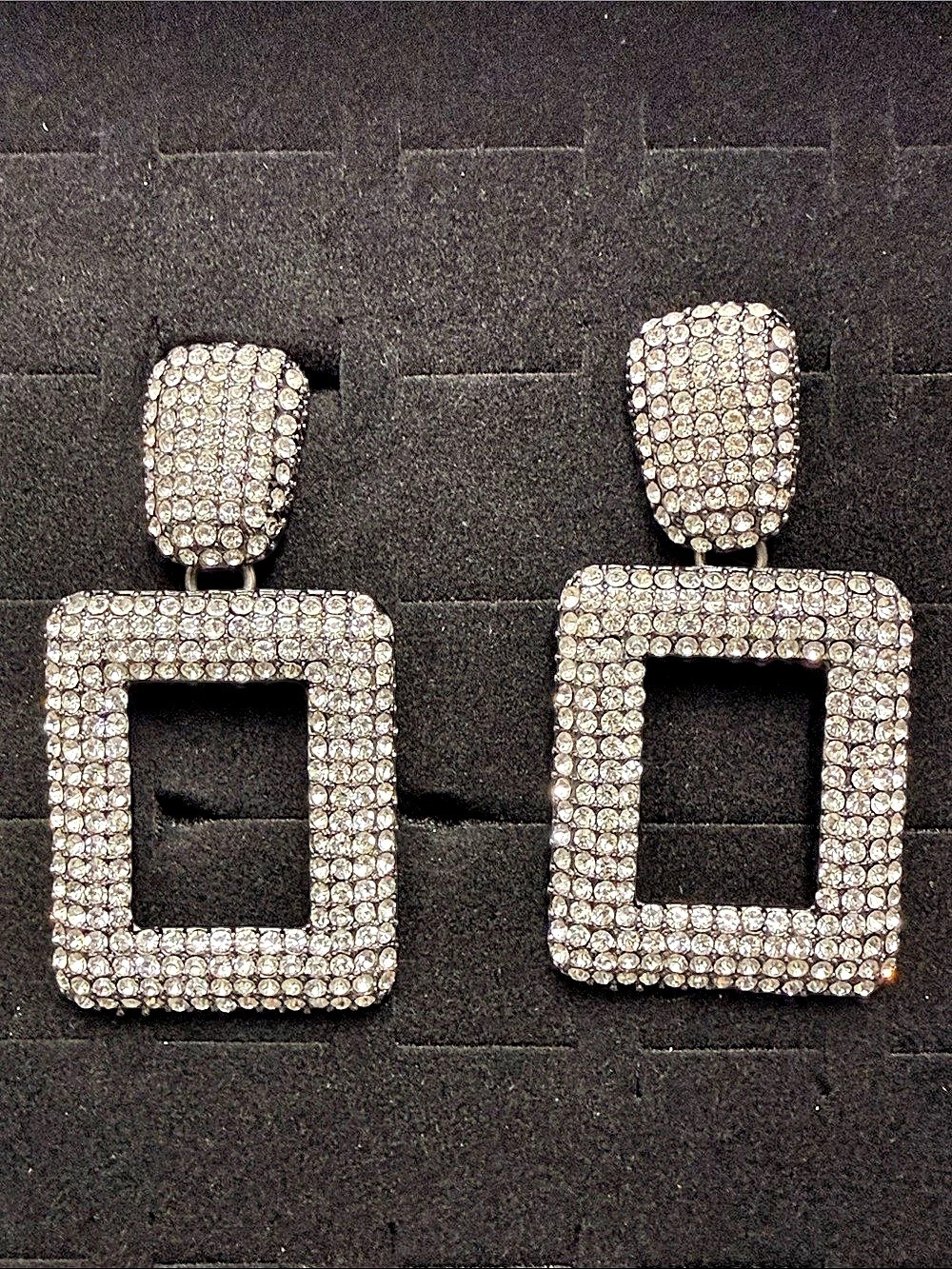 Crystal Rectangle Drop Earrings in Silver on Black- Like New